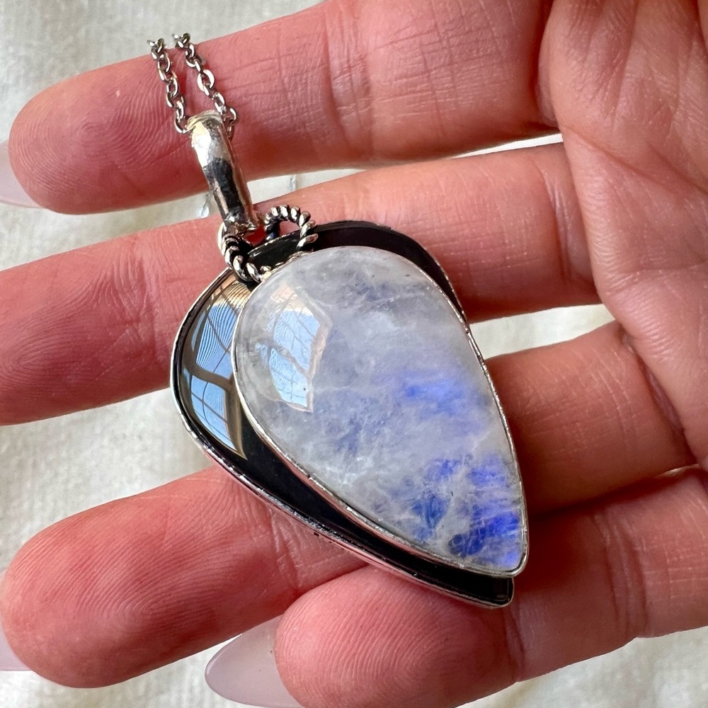 Rainbow Flash Moonstone on Obsidian Pendant Necklace Sterling Silver - NWOT